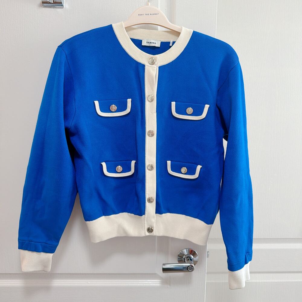 Sandro Murcie Blue Knit Button Front Crewneck Sweater Size 4 - Picture 4 of 8